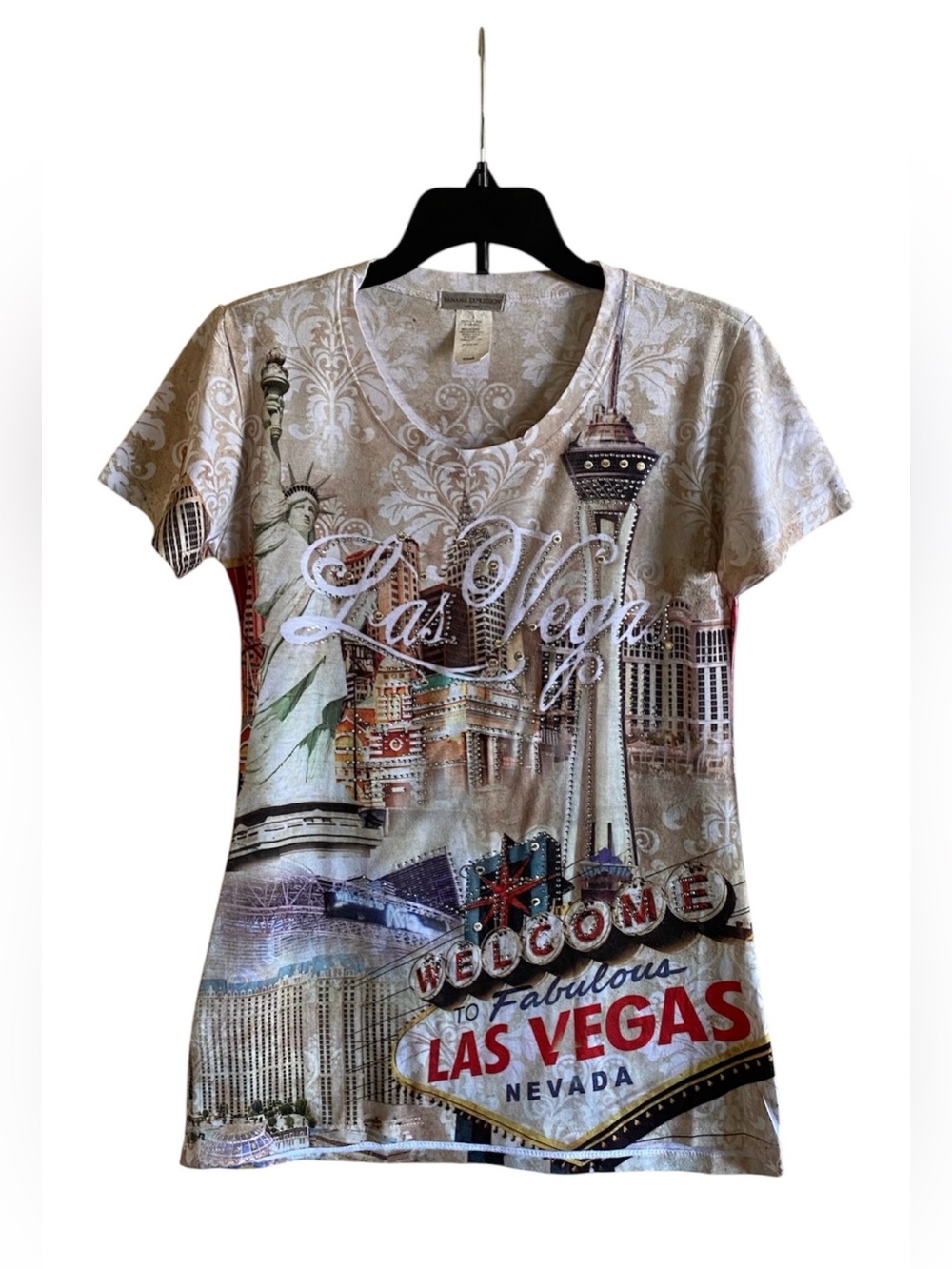 Banana Expression New York LAS VEGAS Rhinestone Studded Short Sleeve Top Small